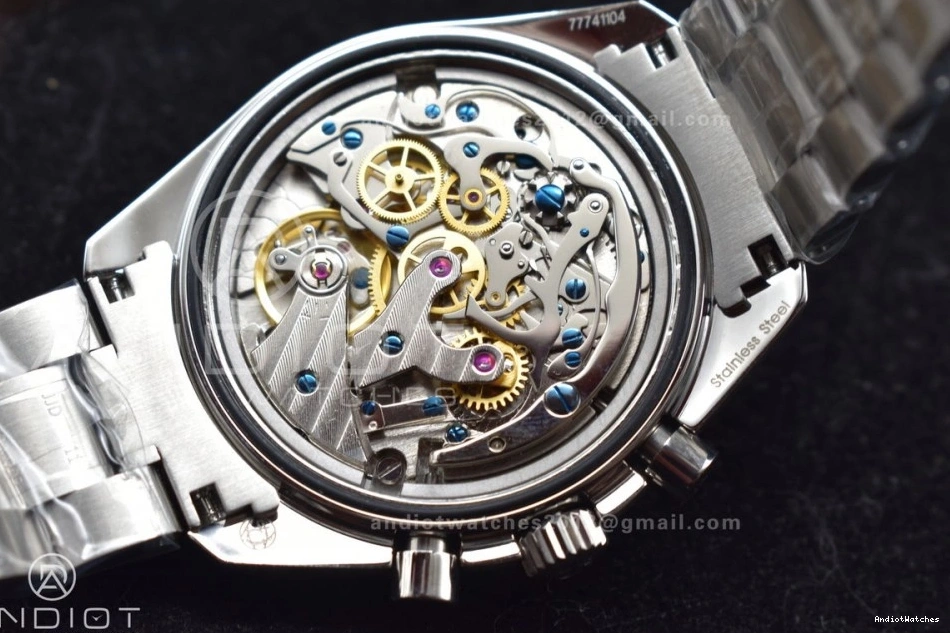 Back MoonWatch Manual SS Winding 1121 Speedmaster Effortless SS OMF Chrono Transparent Movement Black Sapphire Bracelet on Crystal Dial with 1224